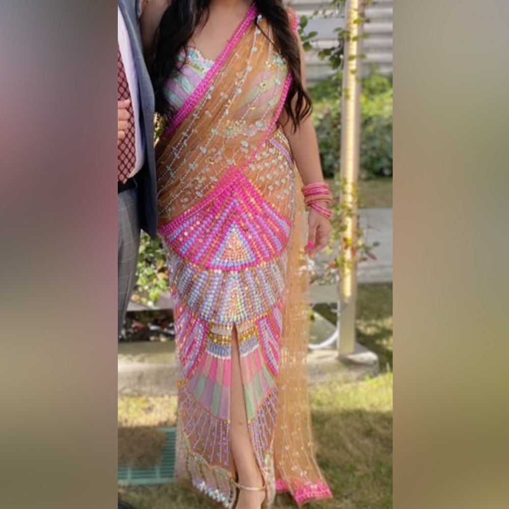 Multicolor Sequin Sari with Gold Accents